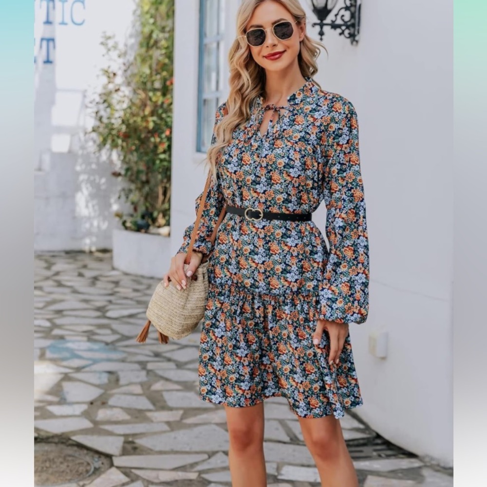 Long Sleeve Casual Mini Dress Print V Neck Ruffle High Waist A Line Dress